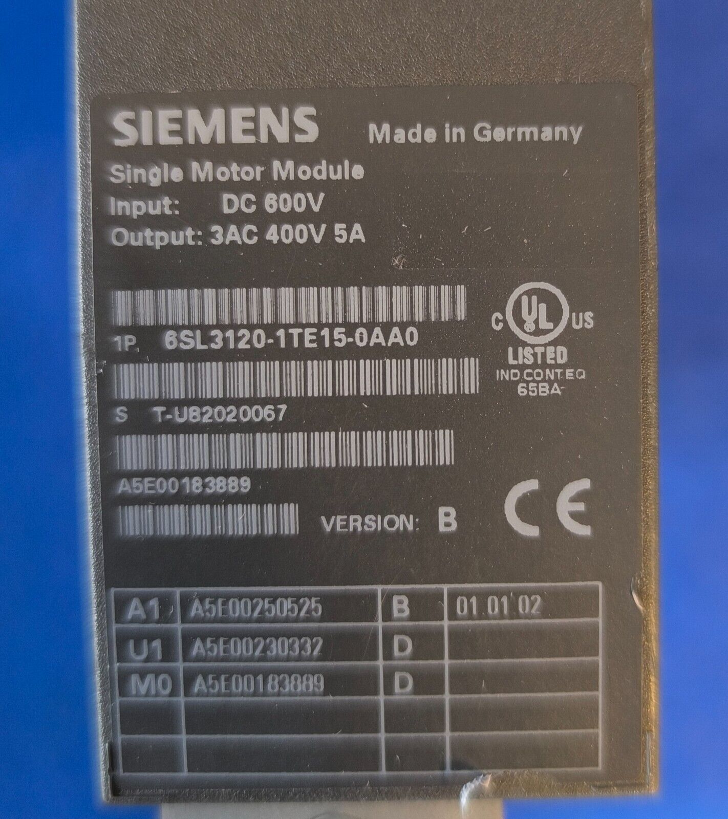 SIEMENS 6SL3120-1TE15-0AA0 * SINAMICS SINGLE MOTOR MODULE 600 V - Imagen 5