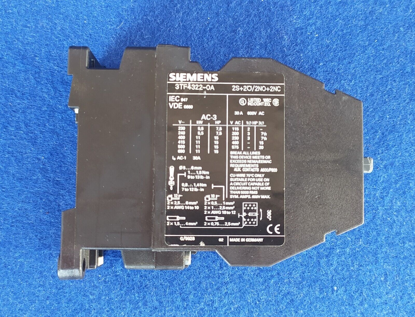 CONTACTOR SIEMENS 11 kW BOBINA 220 VAC. 3TF4322-0A - Imagen 3